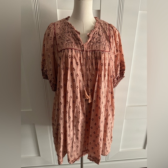 Cleobella Sybil Pink Floral Puff Short Sleeve Lined Babydoll Mini Dress Size L - Picture 3 of 14